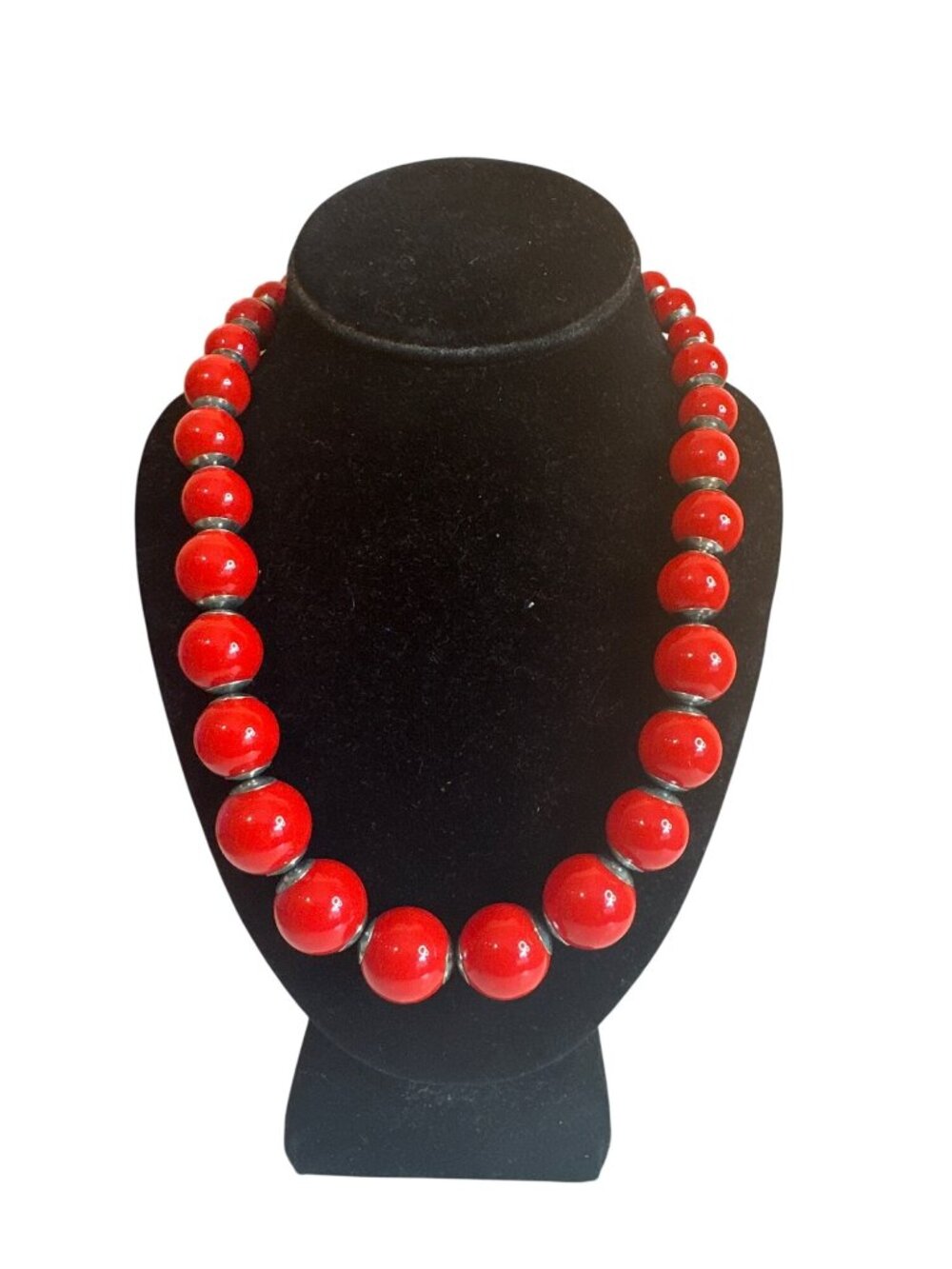 Cherry Red Bead Necklace Silver Spacers Bold Statement Jewelry 80s 50s Graduated